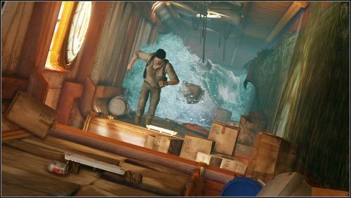 Idąc korytarzem zobaczymy jak ściana za nami pęka i zacznie nas gonić fala [1], przed którą w pośpiechu uciekamy - Rozdział 15- Pływaj albo giń | Opis przejścia Uncharted 3 Oszustwo Drakea - Uncharted 3: Oszustwo Drakea - poradnik do gry