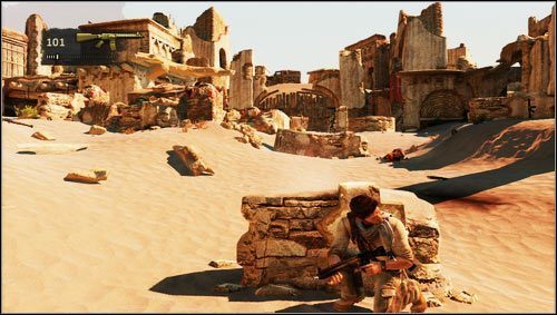 Oprócz szturmujących naszą pozycję sporej liczby przeciwników musimy poradzić sobie z oprychem wyposażonym w rakietnice - Rozdział 19- Osada | Opis przejścia Uncharted 3 Oszustwo Drakea - Uncharted 3: Oszustwo Drakea - poradnik do gry