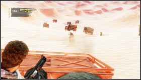 W pierwszej kolejności pozbywamy się przeciwników ostrzeliwujących nas z naczep, a następnie wskakujemy na ciężarówkę po lewej [1] - Rozdział 20- Karawana | Opis przejścia Uncharted 3 Oszustwo Drakea - Uncharted 3: Oszustwo Drakea - poradnik do gry