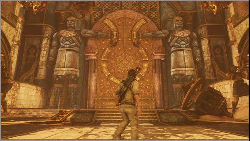 Gdy przeciśniemy się przez szczelinę, wychodzimy po schodach by stanąć w przestronnym pomieszczeniu z zamkniętą bramą pilnowaną przez dwa posągi [1] - Rozdział 20- Karawana | Opis przejścia Uncharted 3 Oszustwo Drakea - Uncharted 3: Oszustwo Drakea - poradnik do gry