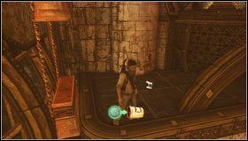 Wspinając się po drabinie wskakujemy na półkę po prawej [1] by podnieść skarb [2] - Rozdział 20 | Skarby w Uncharted 3 Oszustwo Drakea - Uncharted 3: Oszustwo Drakea - poradnik do gry