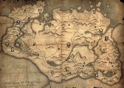 Oznaczenia na mapie: 1 - Dushnikh Yal; 2 - Mor Khazgul; 3 - Narzulbur; 4 - Largashbur. - Odszukaj palce Mistrza Kuźni | Questy poboczne w Skyrim - Skyrim - poradnik, mapy, questy