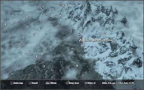 Wyjdź z akademii, otwórz mapę świata i zaplanuj podróż do Jaskini Kamiennego Potoku (powyższy screen) - Różne - Odszukaj lutnię Finna | Questy Akademii Bardów w Skyrim - Skyrim - poradnik, mapy, questy