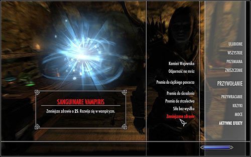 O tym, że bohater został zarażony zostaniesz poinformowany na dwa sposoby, a mianowicie pojawieniem się w lewym górnym rogu ekranu informacji Łapiesz chorobę Sanguinare Vampiris oraz dodaniem do okna aktywnych efektów pozycji o nazwie Zmniejszone zdrowie (powyższy screen) - Zamiana w wampira | Wskazówki Skyrim - Skyrim - poradnik, mapy, questy