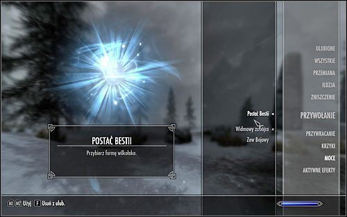 Wypicie krwi w trakcie rytuału odblokowuje aktywną moc Postać Bestii, którą najlepiej jest wybrać z poziomu okna magii (powyższy screen) - Zamiana w wilkołaka | Wskazówki Skyrim - Skyrim - poradnik, mapy, questy