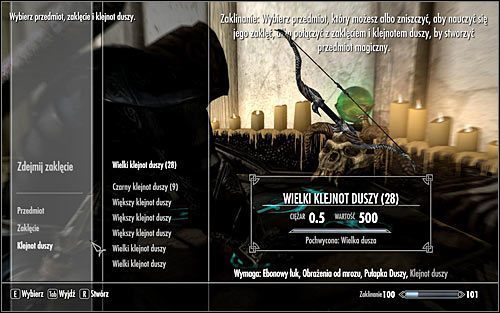 Ostatni trzeci krok to wybór posiadanego napełnionego klejnotu duszy, który ma zostać przyporządkowany do zaklinanego przedmiotu (powyższy screen) - Zaklinanie | Crafting w Skyrim - Skyrim - poradnik, mapy, questy