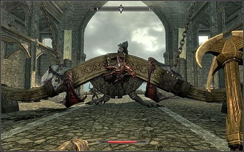 W dalszym ciągu wycofuj się w stronę bramy prowadzącej do głównej części posiadłości jarla, zachęcając smoka by podążał Twoim śladem - Uwięzienie smoka | Upadły | Solucja Skyrim - Skyrim - poradnik, mapy, questy