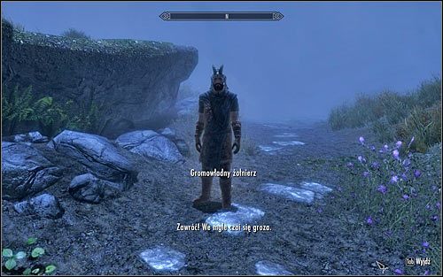 Kontynuuj podróż, a po kilku chwilach zostaniesz zatrzymany przez Gromowładnego żołnierza, z którym utniesz sobie krótką pogawędkę (powyższy screen) - Dotarcie do Komnaty Męstwa | Sovngard | Solucja Skyrim - Skyrim - poradnik, mapy, questy