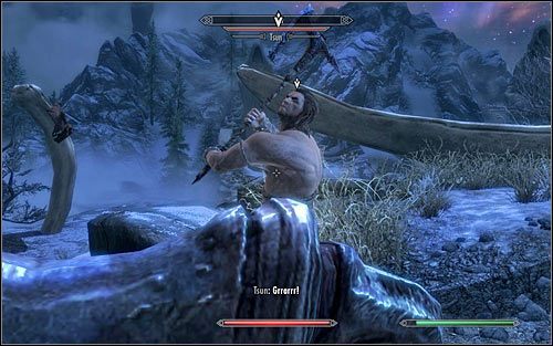 Pojedynek z Tsunem wbrew pozorom nie jest łatwy, albowiem jest on bardzo zwinny, a jego ataki zadają poważne obrażenia - Dotarcie do Komnaty Męstwa | Sovngard | Solucja Skyrim - Skyrim - poradnik, mapy, questy