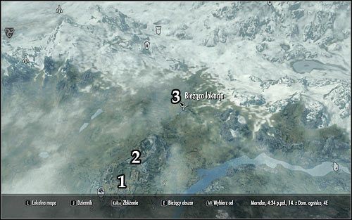 Oznaczenia na mapie: 1 - Biała Grań; 2 - Smocza Przystań; 3 - Miejsce spotkania z Cyceronem - Opóźniony pochówek | Zadania Mrocznego Bractwa | Solucja Skyrim - Skyrim - poradnik, mapy, questy