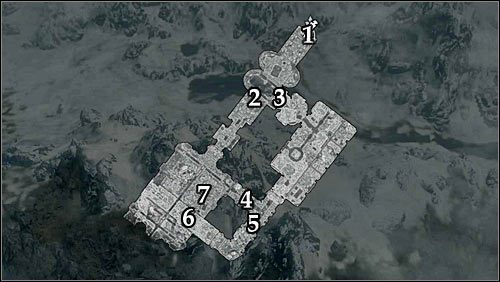 Oznaczenia na mapie: 1 - Wejście do ruin; 2 - Krótsza droga; 3 - Dłuższa droga; 4 - Korytarz prowadzący do kryjówki Alaina; 5 - Zamknięta bramka; 6 - Balista; 7 - Alain Dufont - Nie czas na łzy (1) | Zadania Mrocznego Bractwa | Solucja Skyrim - Skyrim - poradnik, mapy, questy