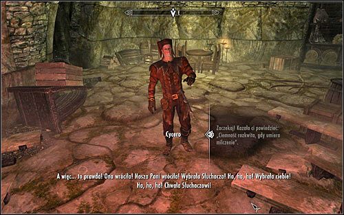 Główny bohater wkrótce wyskoczy z trumny, co oczywiście mocno poirytuje Cycerona - Szepty w ciemnościach | Zadania Mrocznego Bractwa | Solucja Skyrim - Skyrim - poradnik, mapy, questy