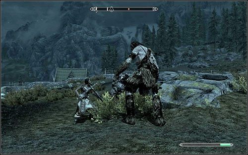 Po dotarciu na farmę powinieneś zauważyć grupę osób walczących z gigantem (powyższy screen) - Do broni | Zadania Towarzyszy | Solucja Skyrim - Skyrim - poradnik, mapy, questy