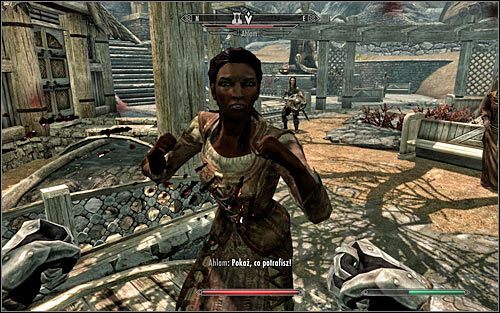 Nie musisz na szczęście własnoręcznie wyjąć bohaterowi broni z rąk, bo uczyni to we własnym zakresie - Osiłek do wynajęcia | Zadania Towarzyszy | Solucja Skyrim - Skyrim - poradnik, mapy, questy