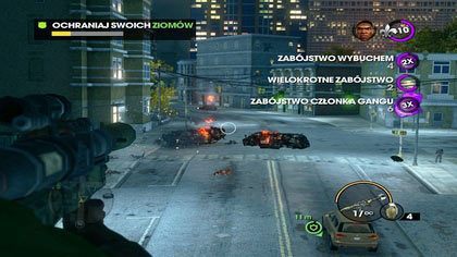 Na pierwszym etapie trasy będziemy musieli niszczyć pojedyncze wozy Jutrzenki (uważamy przy tym, by nie trafić Piercea), jednak po chwili dostrzeżemy blokadę drogi - celujmy pomiędzy środkowe dwa auta, by pozbyć się jej po pierwszym strzale - Anioł stróż (A) | Kampania Saints Row The Third - Saints Row: The Third - poradnik do gry