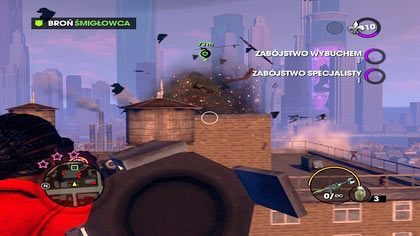 Gdy śmigłowiec zwiększy pułap, zauważymy kilka grup z Niszczycielami na dachach wieżowców - celując manualnie oddajemy strzał za strzałem, by nie dopuścić zestrzelenia sojusznika - Łódź z dziwkami | Kampania Saints Row The Third - Saints Row: The Third - poradnik do gry