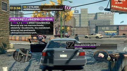 Nasza misja polegać będzie na rzucaniu się na elementy okolicy oraz auta, by otrzymać od ubezpieczalni $70 - Przekręt z ubezpieczeniem (A) | Kampania Saints Row The Third - Saints Row: The Third - poradnik do gry