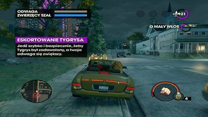 Naszym zadaniem będzie jeżdżenie po mieście z przemiłym pasażerem w fotelu obok - tygrysem - Oko tygrysa (A) / Spójrz strachowi w oczy | Kampania Saints Row The Third - Saints Row: The Third - poradnik do gry