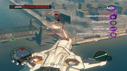 W międzyczasie przyjdzie nam usunąć blokadę drogową - nie musimy podlatywać zbyt blisko, gdyż zasięg naszego lasera jest naprawdę spory - Konwój-pułapka | Kampania Saints Row The Third - Saints Row: The Third - poradnik do gry