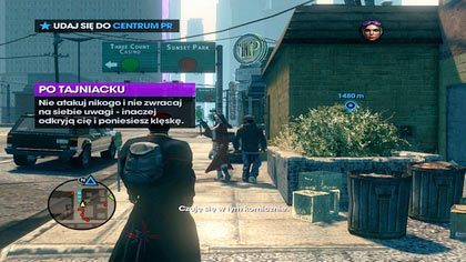 Musimy dostać się do Centrum PR, a co ważne - nie możemy nikogo atakować (ani wyciągać broni) aż do czasu, gdy zlokalizujemy naszą gwiazdę - Powrót Nyte Blaydea | Kampania Saints Row The Third - Saints Row: The Third - poradnik do gry