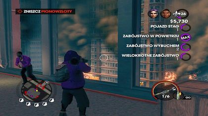 Przełączamy broń na Niszczyciela, gdyż zbliżają się do nas pionowzloty - śledźmy ich lot (czerwone znaczniki) by zestrzelić je zanim dotrą do naszego budynku, co pozwoli nam uniknąć jakichkolwiek obrażeń - Zabawa ze STAG | Kampania Saints Row The Third - Saints Row: The Third - poradnik do gry