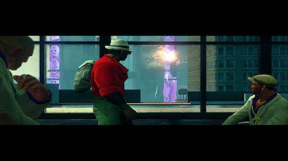 Będąc w Siedzibie Świętych zauważamy wybuch - w chwilę później pionowzlot rozbija się o nasz apartament - Trójkącik | Kampania Saints Row The Third - Saints Row: The Third - poradnik do gry