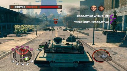 Jeśli jednak zdecydujemy się na rozprawienie z przeciwnikiem przy pomocy czołgu, musimy pamiętać, iż warto go wezwać dopiero podczas rozprawiania się z drugą grupą, gdyż przejazd między pierwszą a drugą grupą zajmie nam zbyt dużo czasu - Trójkącik | Kampania Saints Row The Third - Saints Row: The Third - poradnik do gry