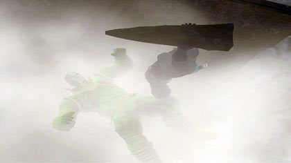 Po kilku przerwach w walce (w których to wyrywamy przeciwnikowi pojemnik z powietrzem, zbijamy hełm) w końcu dobijamy naszego oponenta - Gangsterzy w kosmosie | Kampania Saints Row The Third - Saints Row: The Third - poradnik do gry