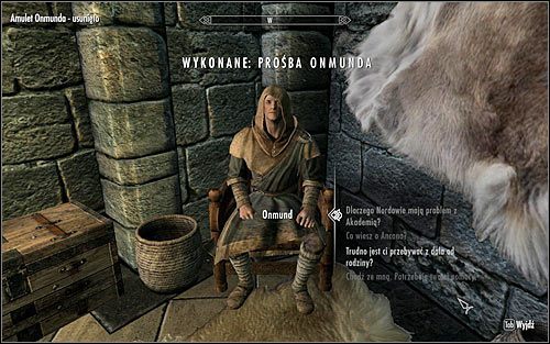 Powróć do Odmunda, zainicjuj rozmowę i oddaj mu amulet (powyższy screen) - Prośba Onmunda | Questy Akademii w Zimowej Twierdzy | Solucja Skyrim - Skyrim - poradnik, mapy, questy