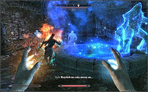 W trakcie rozgrywania tej bitwy możesz oszukać w pewnym stopniu Natchnionego, albowiem nie zabronił Ci on pozostawić z tyłu członka drużyny - Rytualny czar przywracania | Questy Akademii w Zimowej Twierdzy | Solucja Skyrim - Skyrim - poradnik, mapy, questy