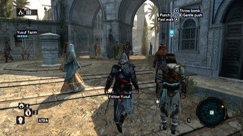 Wyceluj teraz ładunek w zaznaczone miejsce, a następnie biegnij dalej za swym towarzyszem - Sekwencja 2 - Rozstaje świata (7) | Opis przejścia Assassins Creed Revelations - Assassins Creed: Revelations PC - kompletny poradnik do gry