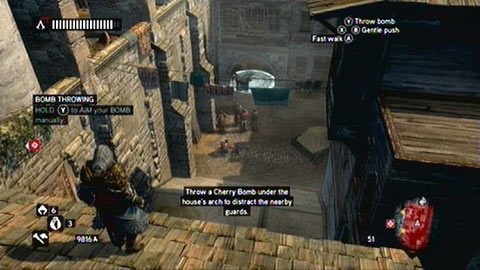 Gdy dojdziesz we wskazane miejsce, rzuć przedmiot niedaleko oddziału wrogów - Misje Piri Reisa - Grom, Zasłona dymna, Petarda hukowa | Zadania dodatkowe - Assassins Creed: Revelations PC - kompletny poradnik do gry
