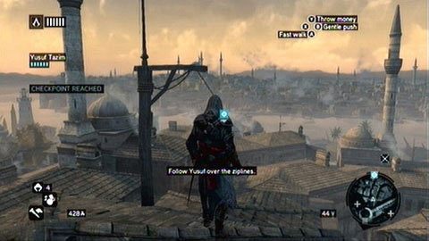 Po pierwsze, możemy dzięki niemu zjeżdżać po rozwieszonych miedzy budynkami linach - Poruszanie się po mieście | Kompendium wiedzy Assassins Creed Revelations - Assassins Creed: Revelations PC - kompletny poradnik do gry