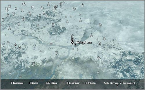 Wyjdź ze Smoczej Przystani, otwórz mapę świata i udaj się do Wichrowego Tronu zlokalizowanego we wschodniej części Skyrim (powyższy screen) - Poczta do Białej Grani | Questy Legionu Cesarskiego | Solucja Skyrim - Skyrim - poradnik, mapy, questy