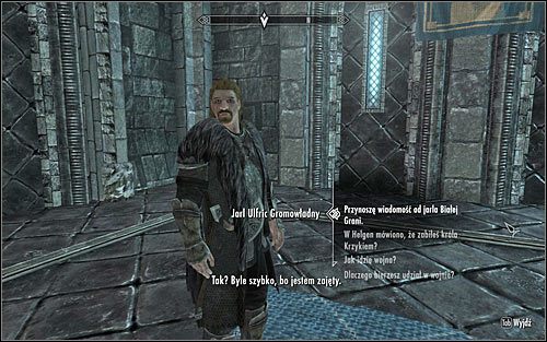 Po znalezieniu się wewnątrz pałacu odszukaj Ulfrika Gromowładnego i zainicjuj z nim rozmowę celem przekazania ma toporu otrzymanego od Balgruufa (powyższy screen) - Poczta do Białej Grani | Questy Legionu Cesarskiego | Solucja Skyrim - Skyrim - poradnik, mapy, questy