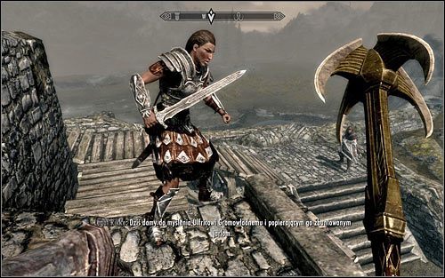 Po znalezieniu się na zewnątrz udaj się w prostej linii na zachód, skacząc po skałach i docierając do miejsca, w którym legat Rikke powinna wygłaszać przemówienie (powyższy screen) - Bitwa o miasto Biała Grań | Questy Legionu Cesarskiego | Solucja Skyrim - Skyrim - poradnik, mapy, questy