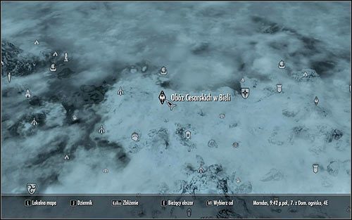 Opuść zamek, otwórz mapę świata i zaplanuj podróż do Obozu Cesarskich w Bieli (powyższy screen) - Ponowne zjednoczenie Skyrim (1) | Questy Legionu Cesarskiego | Solucja Skyrim - Skyrim - poradnik, mapy, questy