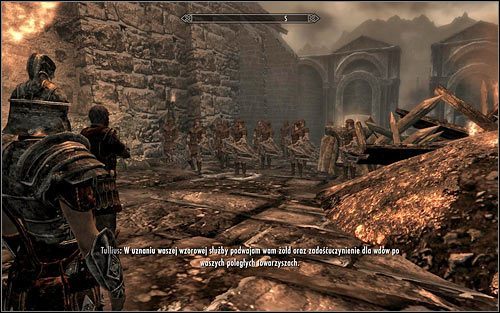 Jeżeli chcesz wysłuchać przemówienia Tulliusa, to warto dodatkowo wyjść z pałacu (powyższy screen) - Ponowne zjednoczenie Skyrim (2) | Questy Legionu Cesarskiego | Solucja Skyrim - Skyrim - poradnik, mapy, questy