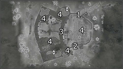 Oznaczenia na mapie: 1 - Północne wejście do fortu; 2 - Południowe wejście do fortu; 3 - Przejście do zachodniej części fortu; 4 - Lokacje, z których najczęściej wybiegają nowi przeciwnicy - Bitwa o fort Dunstad | Questy Legionu Cesarskiego | Solucja Skyrim - Skyrim - poradnik, mapy, questy