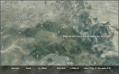 Otwórz mapę świata i zauważ, że sojusznicze wojska oczekują na rozkaz do ataku w pewnej odległości od fortu Zielony Mur (powyższy screen), tak więc nie polecam wykorzystywać opcji szybkiej podróży - Bitwa o fort Zielony Mur | Questy Legionu Cesarskiego | Solucja Skyrim - Skyrim - poradnik, mapy, questy