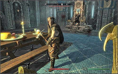 Tuż po rozpoczęciu walk proponuję zaatakować ochroniarza Ulfrika, czyli Galmara Kamienną-Pięść (powyższy screen) - Bitwa o miasto Wichrowy Tron | Questy Legionu Cesarskiego | Solucja Skyrim - Skyrim - poradnik, mapy, questy