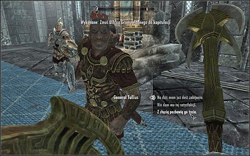 Po zakończonych walkach wysłuchaj kolejnej wymiany zdań i zaczekaj aż podejdzie do Ciebie generał Tullius (powyższy screen) - Bitwa o miasto Wichrowy Tron | Questy Legionu Cesarskiego | Solucja Skyrim - Skyrim - poradnik, mapy, questy