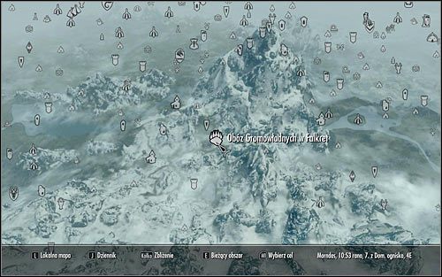 Opuść pałac, otwórz mapę świata i zaplanuj podróż do Obozu Gromowładnych w Falkret (powyższy screen) - Wyzwolenie Skyrim (1) | Questy buntu Gromowładnych | Solucja Skyrim - Skyrim - poradnik, mapy, questy