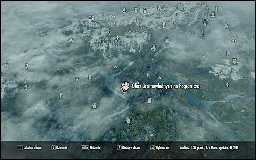 Wyjdź z Pałacu Królów, otwórz mapę świata i odszukaj Obóz Gromowładnych na Pograniczu (powyższy screen) - Wyzwolenie Skyrim (1) | Questy buntu Gromowładnych | Solucja Skyrim - Skyrim - poradnik, mapy, questy