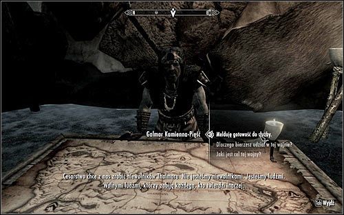 Odszukaj namiot, w którym przebywa Galmar Kamienna-Pięść i poproś go o kolejne zadanie (powyższy screen) - Wyzwolenie Skyrim (2) | Questy buntu Gromowładnych | Solucja Skyrim - Skyrim - poradnik, mapy, questy