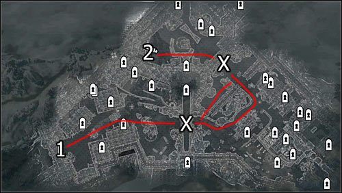 Oznaczenia na mapie: Czerwone linie - Ścieżki przemarszu; 1 - Miejsce startu; 2 - Wejście do zamku Dour; X - Nadające się do zniszczenia barykady - Bitwa o miasto Samotnia | Questy buntu Gromowładnych | Solucja Skyrim - Skyrim - poradnik, mapy, questy