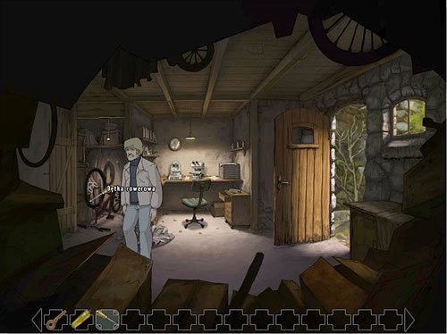 Otwórz drewniane drzwi po lewej i śrubokrętem wyciągnij z koła roweru dętkę - Poradnik do gry - Prolog - Napraw generator pary | A New Beginning Odrodzenie - A New Beginning: Odrodzenie - poradnik do gry