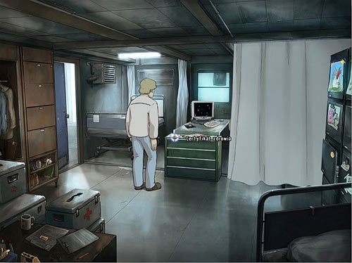 Z biurka na lewo od zasłony weź wspomniany certyfikat zdrowia, przeczytaj, co jest na nim napisane - okaże się, że brak tylko pieczątki - Dostań się na prezentację | Rozdział 5 - Atlas #1 | A New Beginning - A New Beginning: Odrodzenie - poradnik do gry