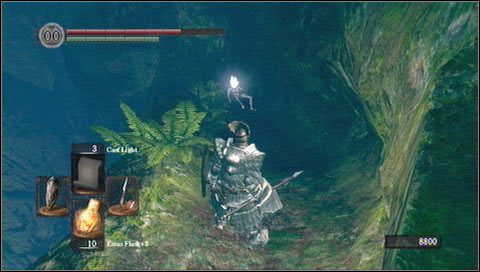 Po drugiej stronie tej półki skalnej znajduje się jaskinia, a w niej ognisko - Darkroot Basin | Opis przejścia Dark Souls - Dark Souls - poradnik do gry
