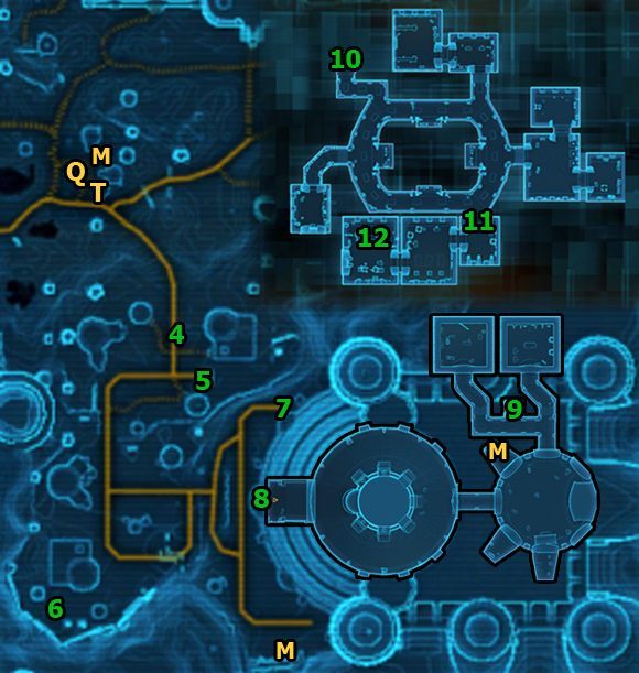 Tam skieruj się na południowy wschód, aby wejść na teren pałacu Faathry (brama znajduje się w [4]) - (L09) My Sponsorship | Bounty Hunter | Star Wars The Old Republic - Star Wars: The Old Republic - poradnik do gry